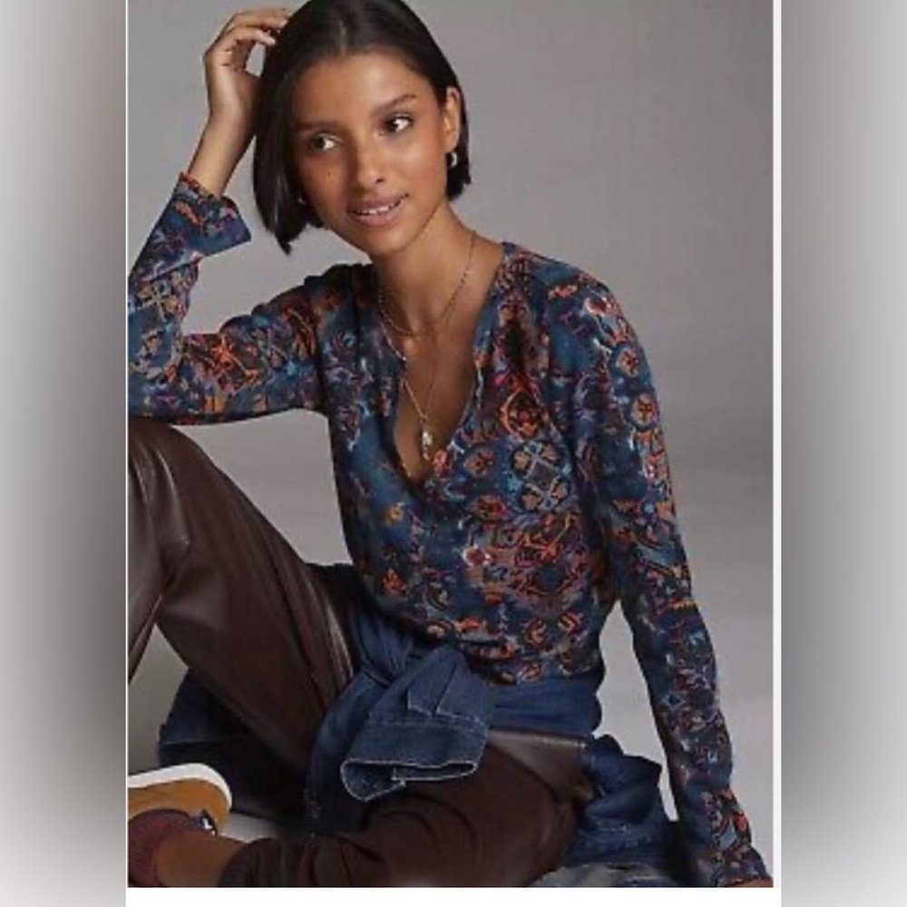 Anthropologie Pilcro top pullover long sleeve split-neck thermal damask floral